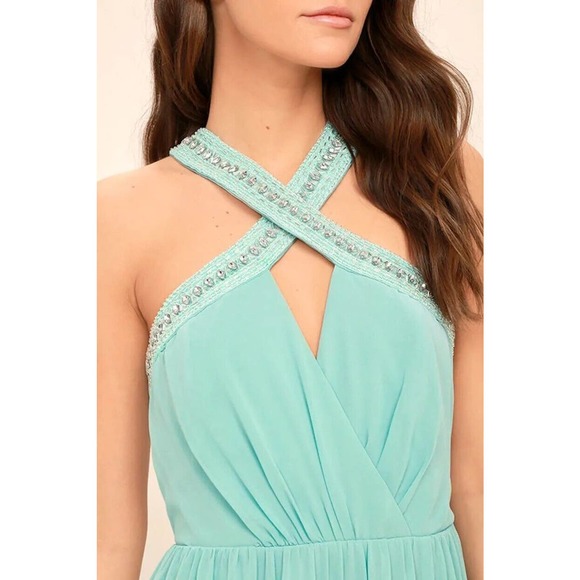 NWT Lulus Women’s Beaded Twist Front Prom Mint Bridesmaid Chiffon Maxi Dress S - Picture 11 of 11